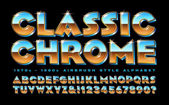 Vector Alphabet of Vintage Style Chrome Lettering in a 1970s or 1980s Airbrush Style Font.