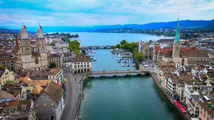 Obraz premium Amazing aerial view over the city of Zurich in Switzerland - drone footage