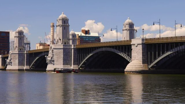 Longfellow Bridge on a summer afternoon in Boston Massachusetts closeup shot pans right