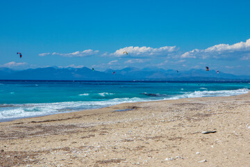 Agios Ioannis Beach In Lefkada Island Greece with many kite surfers