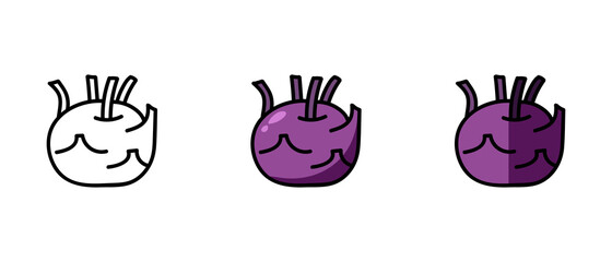 This is a set of icons with different kohlrabi style. Outline and colored kohlrabi symbols. Freehand drawing. Stylish solution for a website.