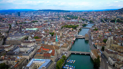 Flight over the city of Zurich in Switzerland - aerial view