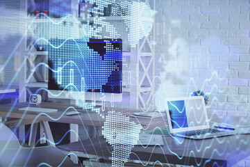 Double exposure of financial graph drawing and office interior background. Concept of stock market.
