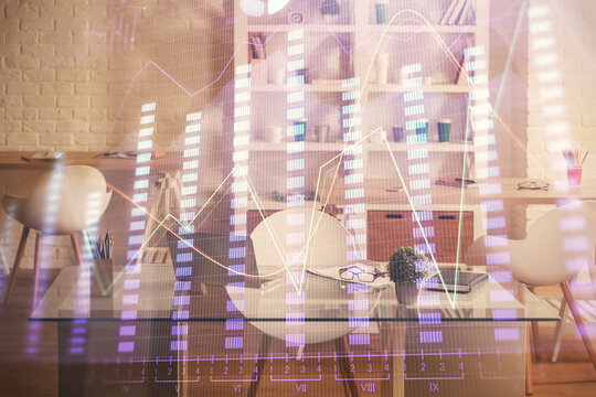 Double exposure of financial graph drawing and office interior background. Concept of stock market. © peshkova