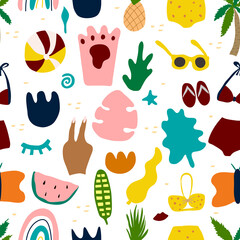 Сontemporary seamless pattern with summer shapes. Doodle abstract isolated objects: pineapple, watermelon, sunglasses, swimsuit, palm, ball, rainbow, leaves. Trendy cartoon vector illustration
