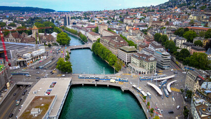 Obraz premium Amazing aerial view over the city of Zurich in Switzerland - drone footage