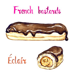 Eclair set, whole and half slice, isolated on white hand painted watercolor illustration with handwritten inscription
