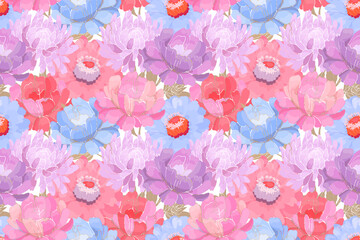 Vector floral pattern. Pink, purple, blue garden flowers with beige leaves isolated on white background. Beautiful peonies, asters, zinnias for fabric, wallpaper design, kitchen textile, cards.