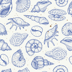 Vector summer seamless pattern with seashells and mussels. 