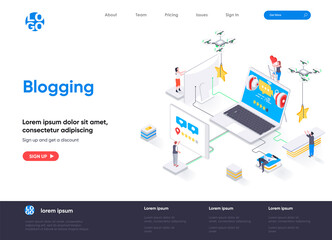 Blogging isometric landing page. Social content production, network communication, internet posting and messaging isometry web page. Website flat template, vector illustration with people characters.