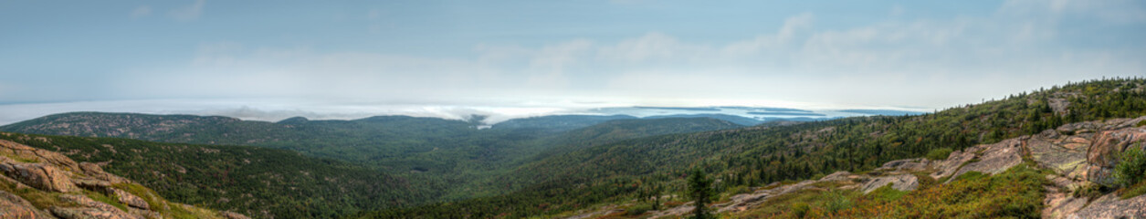 Panorama of Foggy Coastline Off Cadillac Mountain In Acadia National Park