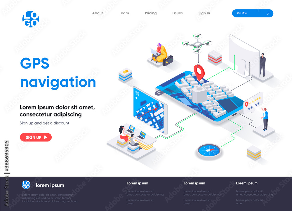 Leinwandbilder gps navigation isometric landing page. geolocation and navigation system, world orientation, route a