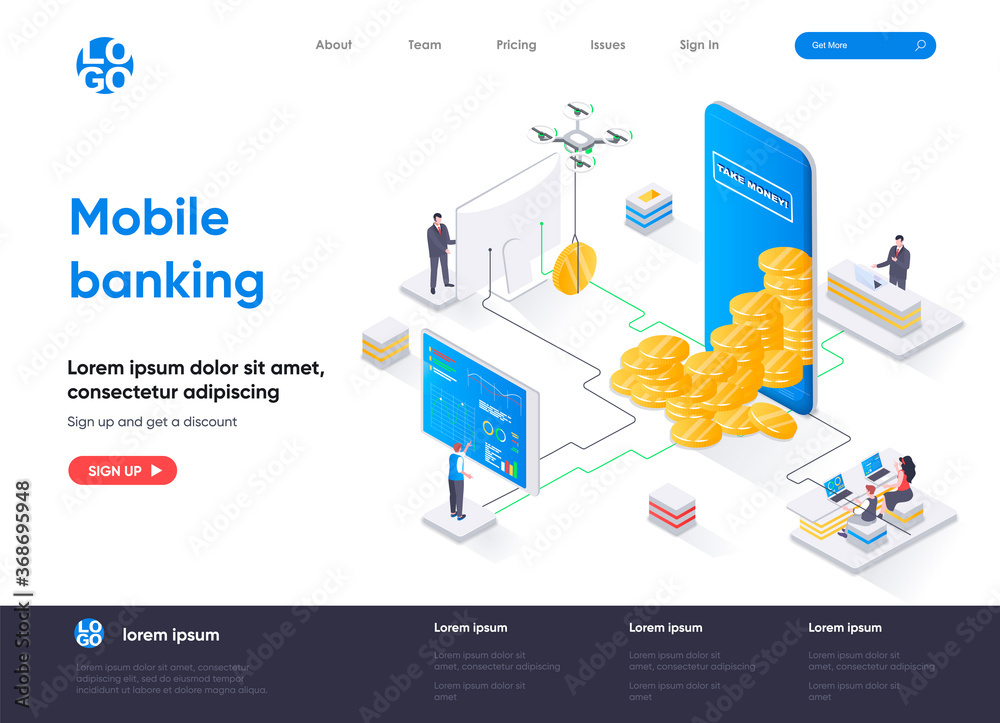 Poster mobile banking isometric landing page. mobile application for financial management, online payment a