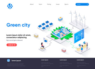 Green city isometric landing page. Ecology conservation and safety, renewable resources end green energy technology isometry web page. Website flat template, vector illustration with people characters