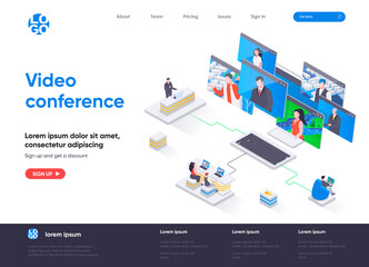 Video conference isometric landing page. Online visual communication of team members, teleconference and video call isometry web page. Website flat template, vector illustration with people characters