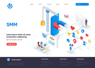 SMM isometric landing page. Digital marketing campaign, announcement and promotion isometry web page. Attraction of new clients website flat template. Vector illustration with people characters.