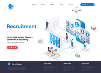 Recruitment isometric landing page. Human resource management and staff headhunting isometry web page. Website flat template. Studying resumes of candidates vector illustration with people characters.