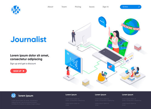 Journalist isometric landing page. Breaking news reportage, online interview, tv broadcasting, live press release isometry web page. Website flat template, vector illustration with people characters.