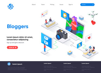 Bloggers isometric landing page. Video content production for social media, article posting and online streaming isometry web page. Website flat template, vector illustration with people characters.