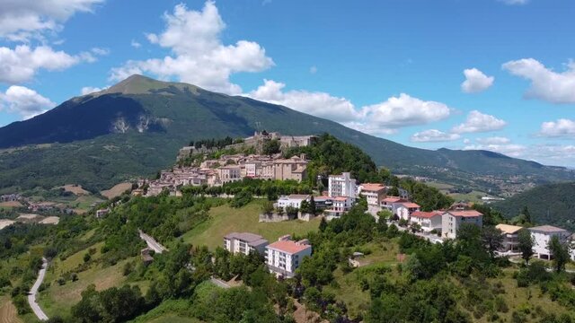 Italy 2020: Aerial view of Civitella del Tronto, built on a hill, on a warm but cloudy summer day. July 2020, Teramo