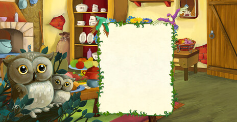 cartoon scene with family of owls in farm house - illustration