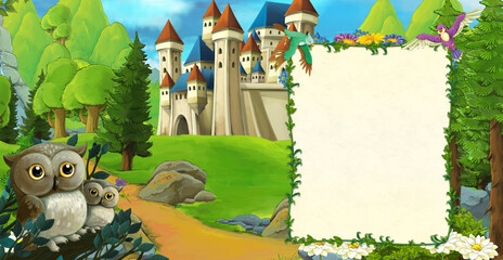 cartoon scene with owls near the forest and castle on the meadow illustration