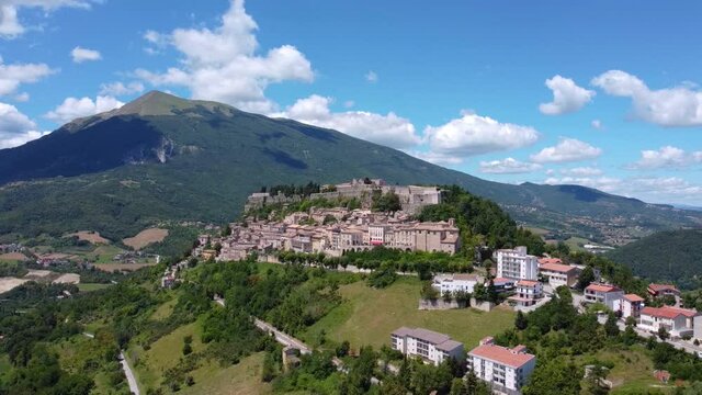 Italy 2020: Aerial view of Civitella del Tronto, built on a hill, on a warm but cloudy summer day. July 2020, Teramo