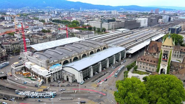 Zurich central train station drom above - drone footage