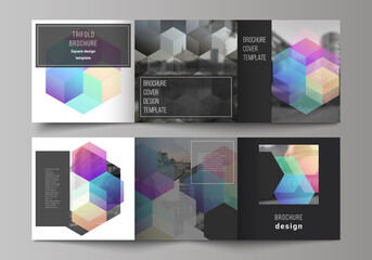 Vector layout of square format covers design templates with abstract shapes and colors for trifold brochure, flyer, magazine, cover design, book design, brochure cover.