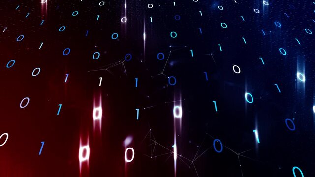 Abstract red blue coloured binary numbers cyberspace. Artistic computer data with flashing lines and dots animation background.