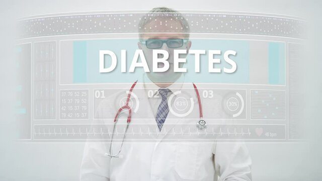 DIABETES tab and a doctor at futuristic computer