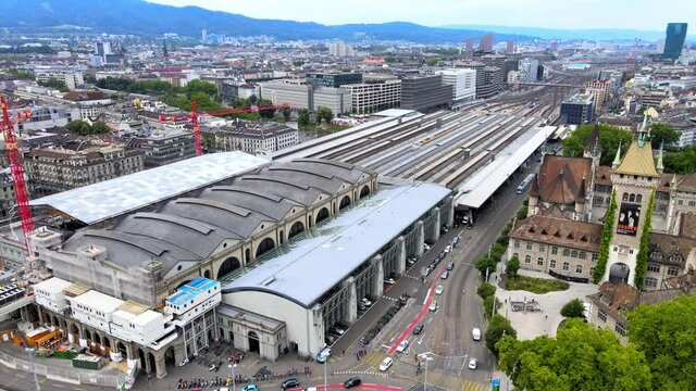 Zurich central train station drom above - drone footage