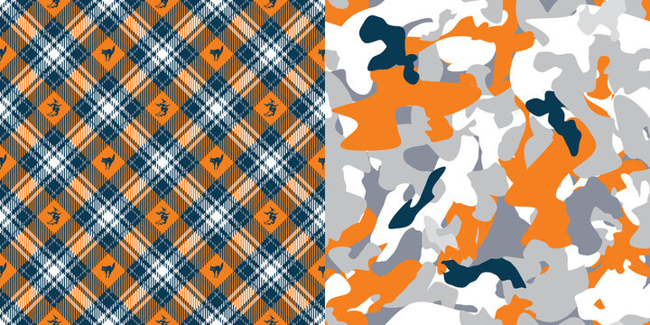 Pattern_set_Camouflage_Print_Coordinated_Autumn_Plaid_Background_Orange_Navy_Gray_Background