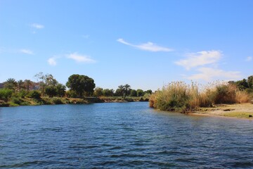 Calm Nile water with grass on river coast and blue sky in Egypt