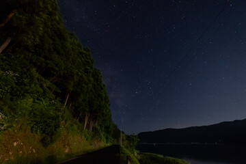 Night Sky Landscape view, with the  milkyway over the trees on Furnas Lagoon. São Miguel in the Azores Islands, Portugal.