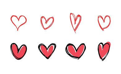 Heart doodles collection. Hand drawn hearts. Vector illustration set.