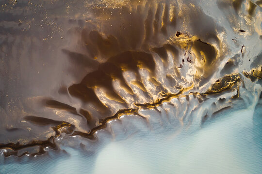 Abstract aerial view of sandbanks in lake, Sprengisandur, highlands of Iceland