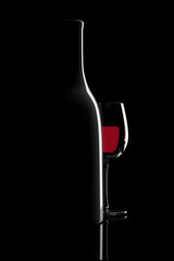 Backlit bottle and glass of red wine on black background. 3d illustration.