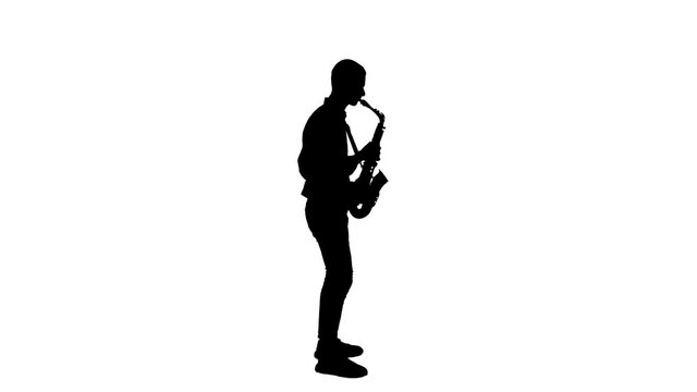 Dark silhouette of a musician who plays the saxophone on a white background