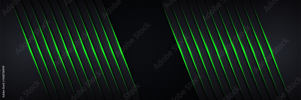 Wall mural modern abstract futuristic hexagon carbon fiber and glowing light green luminous lines in black dark