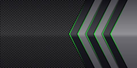 Modern abstract futuristic hexagon carbon fiber and glowing light green luminous lines in black dark room technology background