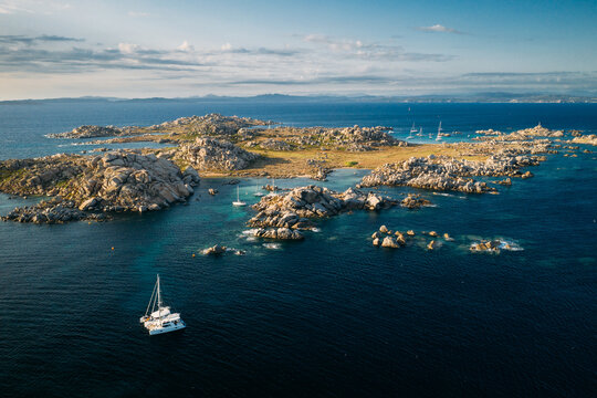 Aerial View Of Group Of Sail Boats Anchored At Lavezzu Island, Corsica, France.