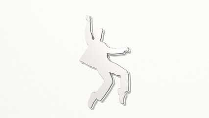 dancing man from a perspective on the wall. A thick sculpture made of metallic materials of 3D rendering. dance and illustration