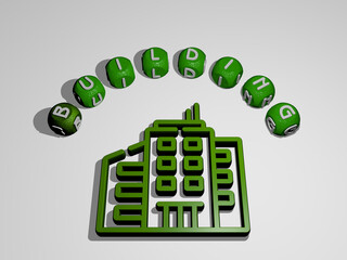3D illustration of building graphics and text around the icon made by metallic dice letters for the related meanings of the concept and presentations. architecture and city