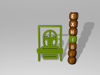 3D illustration of exhibit graphics and text around the icon made by metallic dice letters for the related meanings of the concept and presentations. museum and editorial