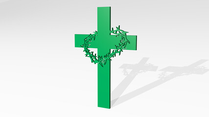 Christian cross stand with shadow. 3D illustration of metallic sculpture over a white background with mild texture. church and architecture