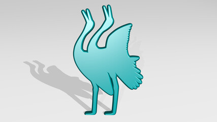 BIRD stand with shadow. 3D illustration of metallic sculpture over a white background with mild texture. animal and beautiful