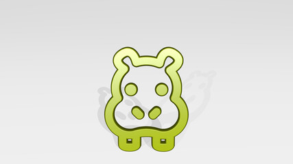 HIPPO stand with shadow. 3D illustration of metallic sculpture over a white background with mild texture. animal and hippopotamus