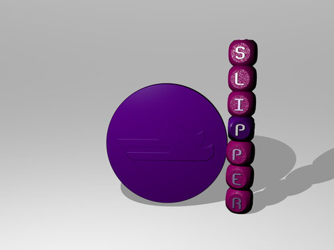 3D illustration of slipper graphics and text around the icon made by metallic dice letters for the related meanings of the concept and presentations. background and white