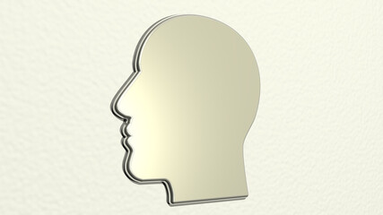 MAN WITH THOUGHTS made by 3D illustration of a shiny metallic sculpture on a wall with light background. concept and business